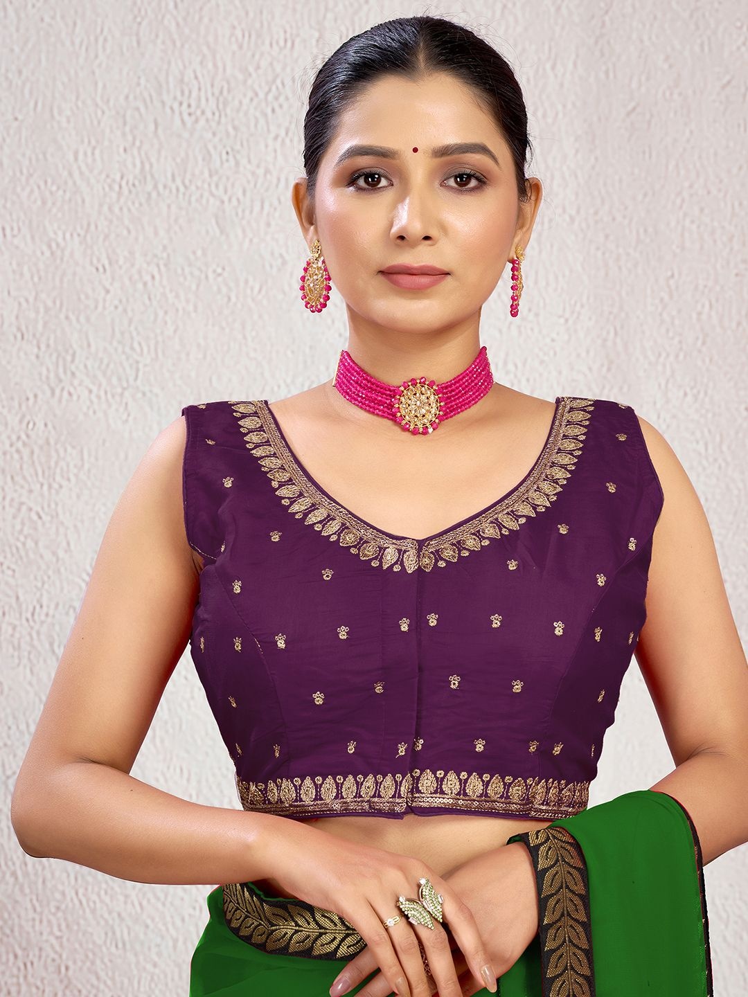 

KALINI Embroidered Round Neck Silk Saree Blouse, Magenta