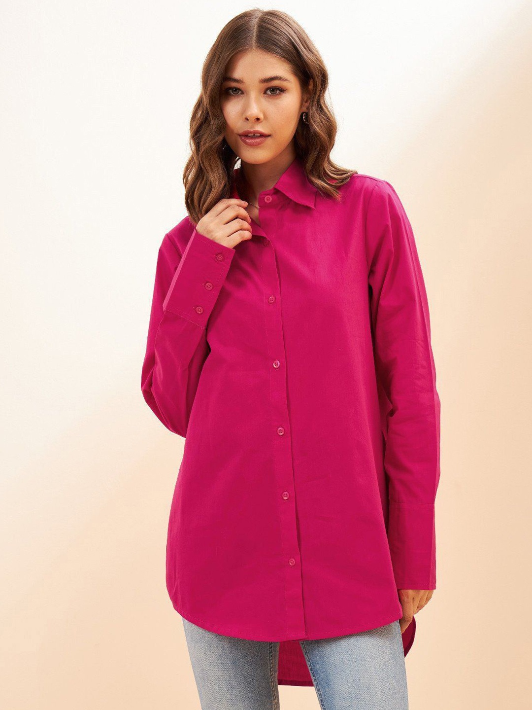 

NANCHI Women Comfort Oversized Fit Spread Collar Solid Cotton Casual Shirt, Pink