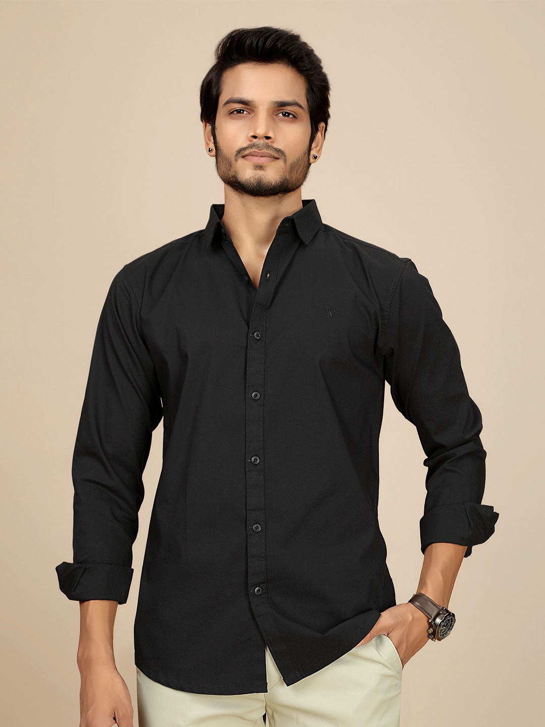 

JOSE N POSE Men Premium Tailored Fit Spread Collar Solid Cotton Casual Shirt, Black