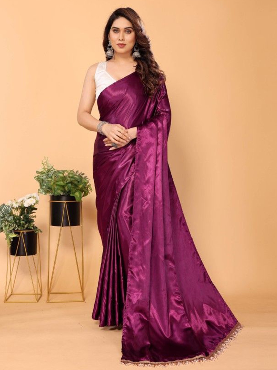 

JULEE Satin Embelished Saree, Purple