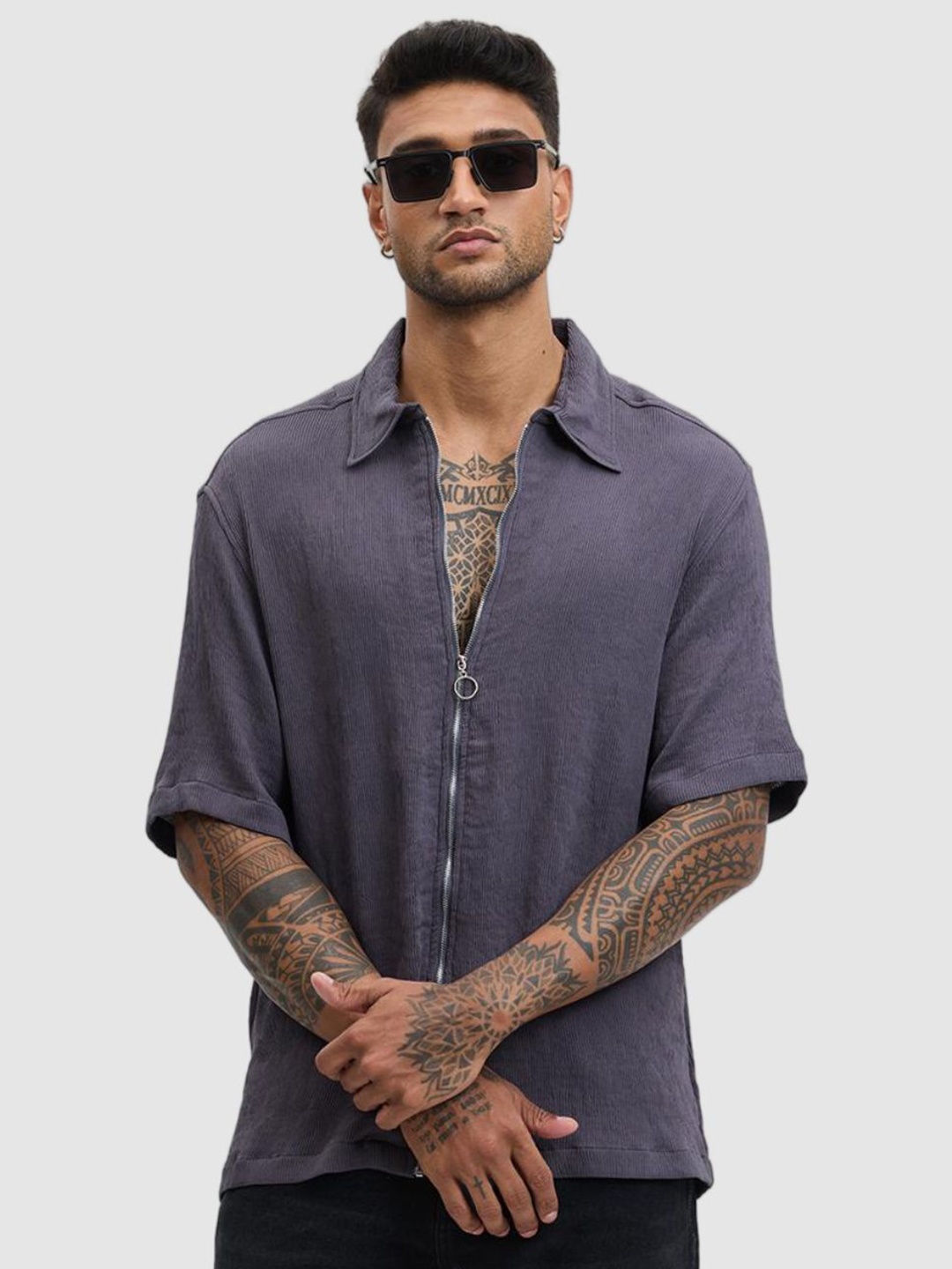 

Snitch Men Relaxed Fit Spread Collar Textured Casual Shirt, Grey