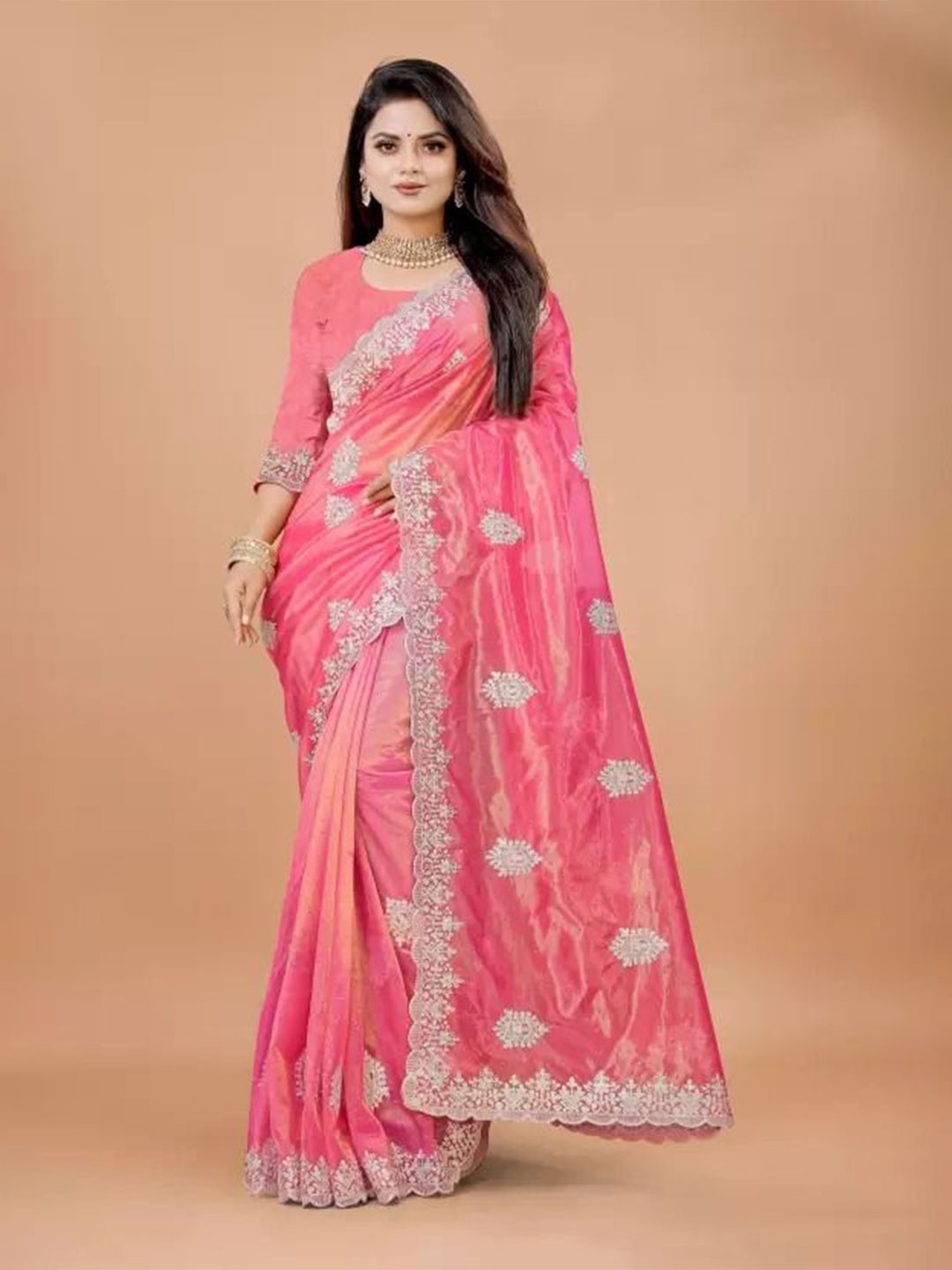 

SAADHVI Embellished Embroidered Net Designer Saree, Pink