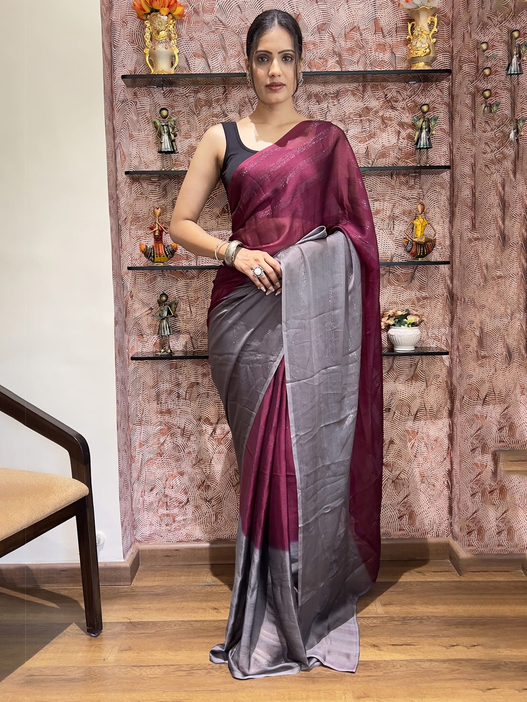 

DIVASTRI Pure Chiffon Ready to Wear Jamdani Saree, Purple