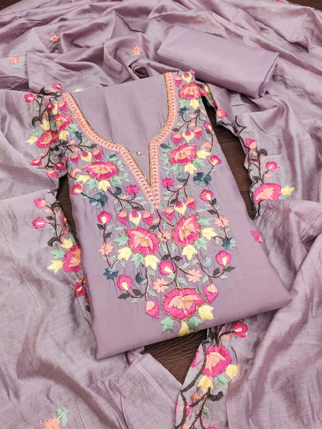 

MANVAA Floral Embroidered Beads and Stones Unstitched Dress Material, Lavender