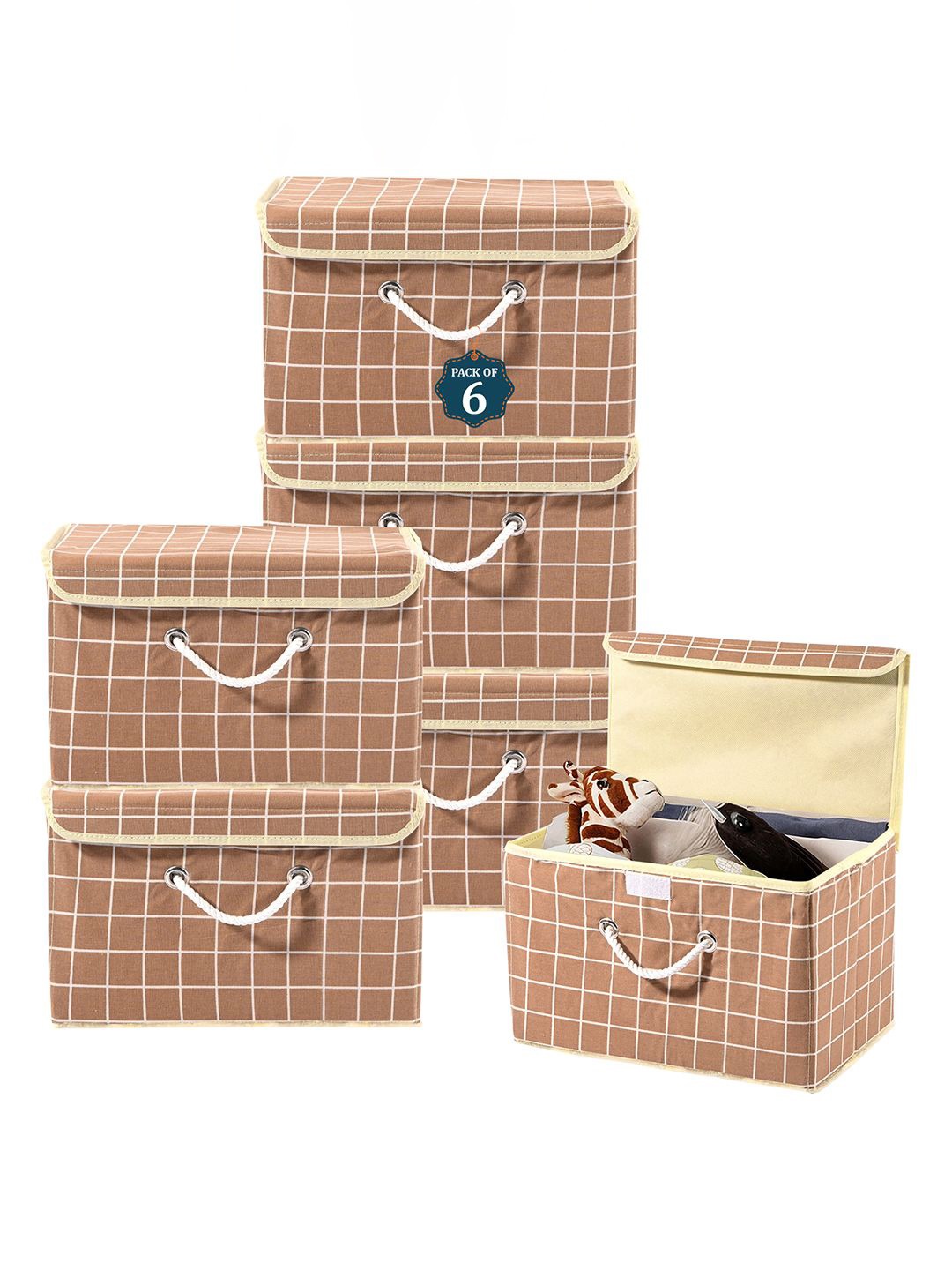 

Kuber Industries Brown 6 Pieces checked Cotton Reusable Drawer Organisers