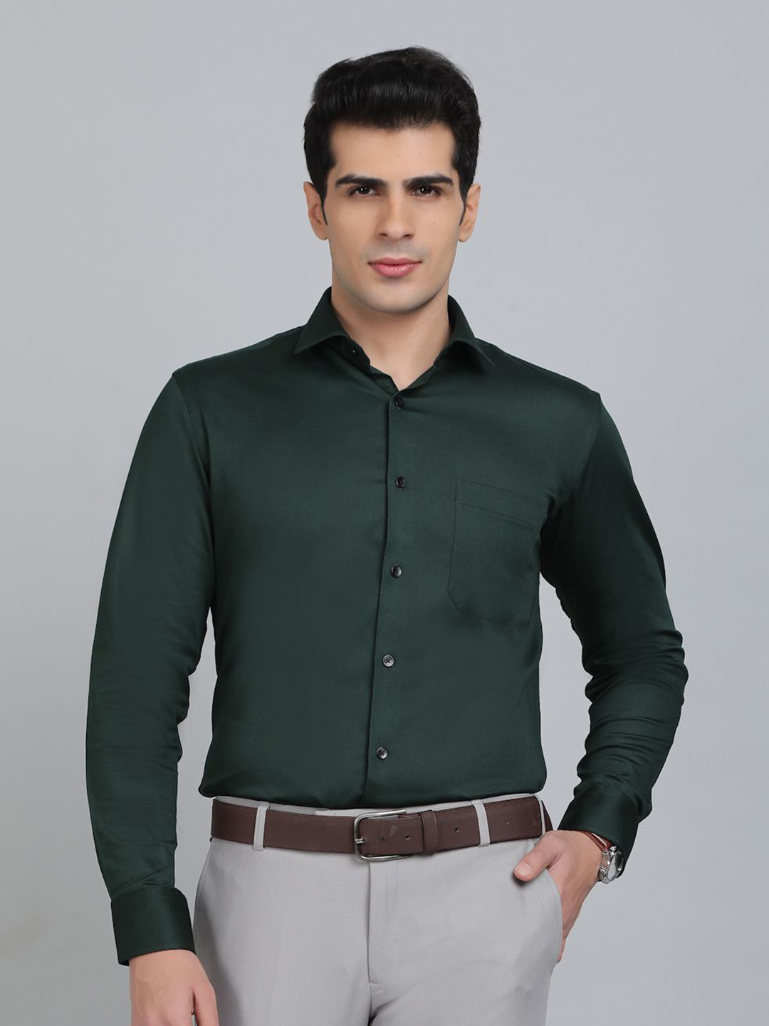 

Greenfibre Men Slim Fit Spread Collar Solid Cotton Formal Shirt, Green