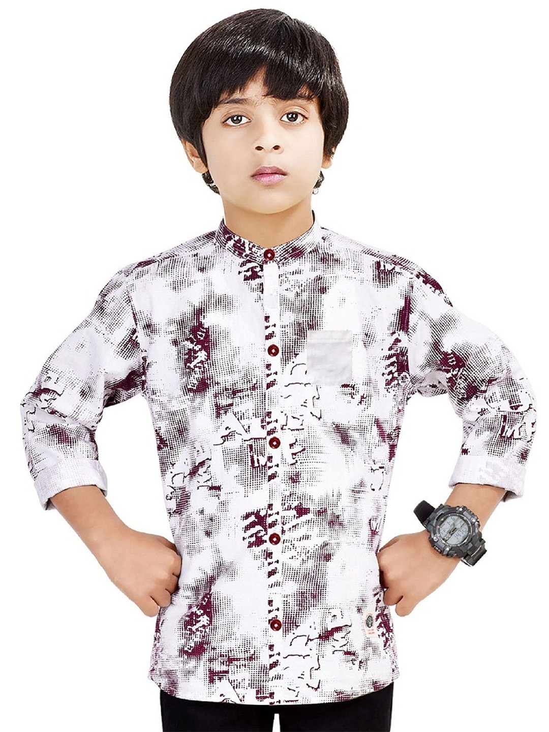 

MADE IN THE SHADE Boys Band Collar Abstract Printed Cotton Casual Shirt, White