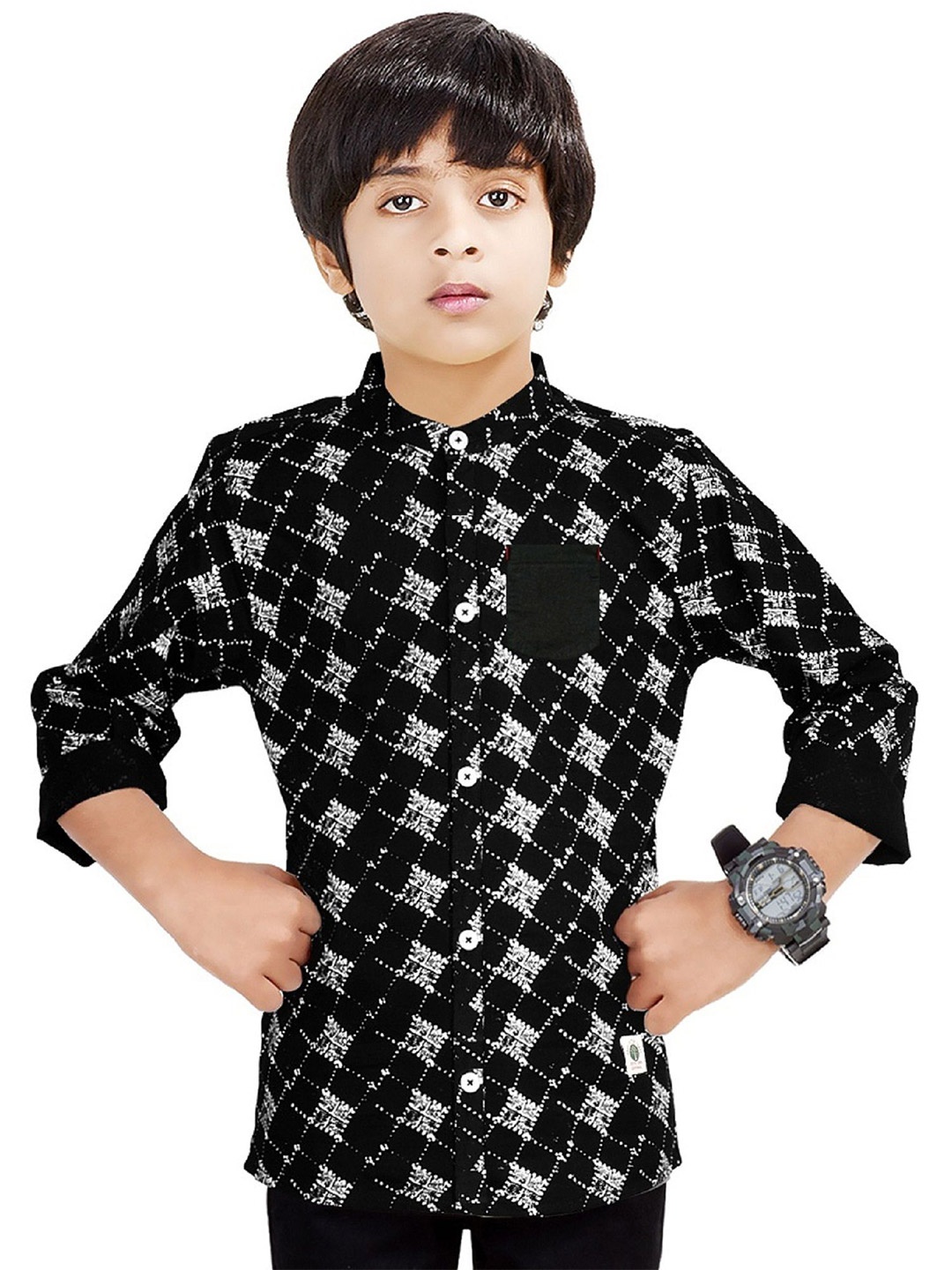 

MADE IN THE SHADE Boys Band Collar Geometric Printed Cotton Casual Shirt, Black
