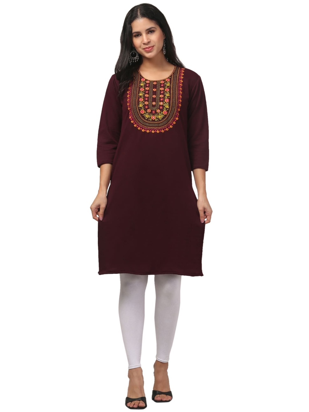 

FAMBEE Floral Embroidered Round Neck Mirror Work Woollen Straight Kurta, Brown