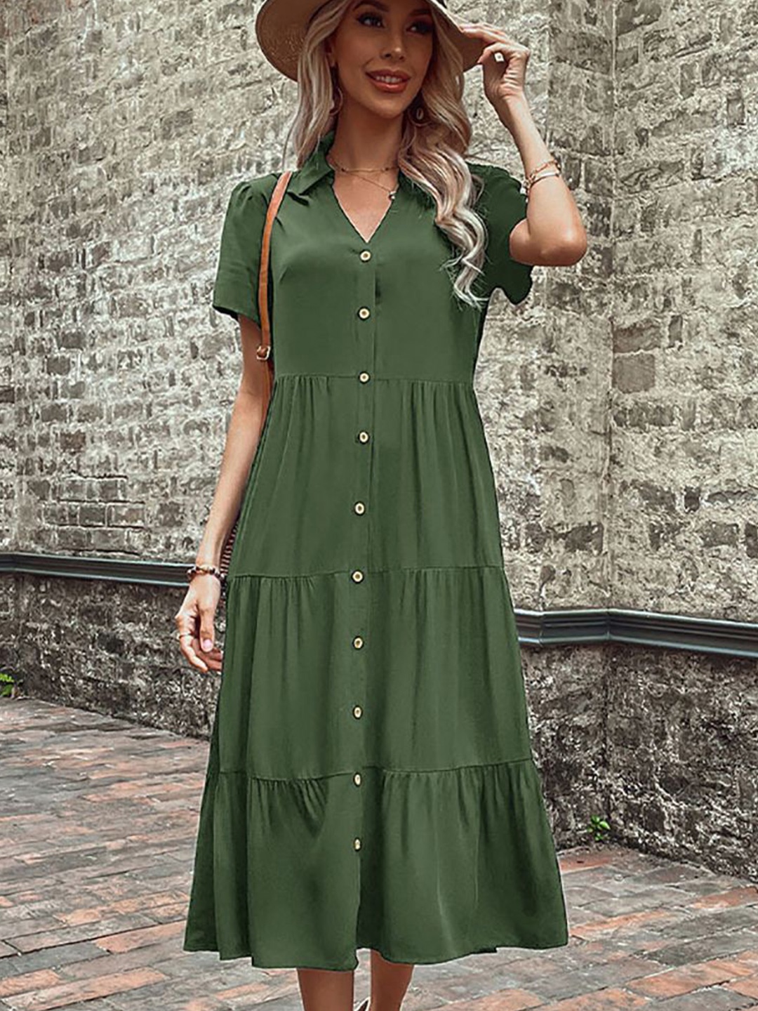 

StyleCast x Revolte Shirt Collar Short Sleeves Tiered Shirt Midi Dress, Green