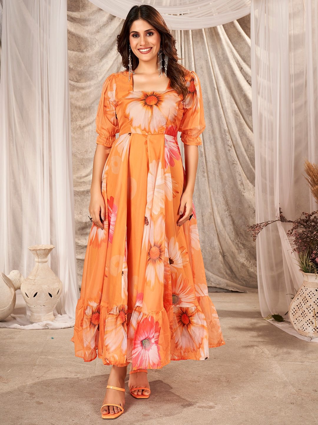 

SHINISHA Women Floral Printed Square Neck Puff Sleeve Fit & Flare Maxi Dress, Orange