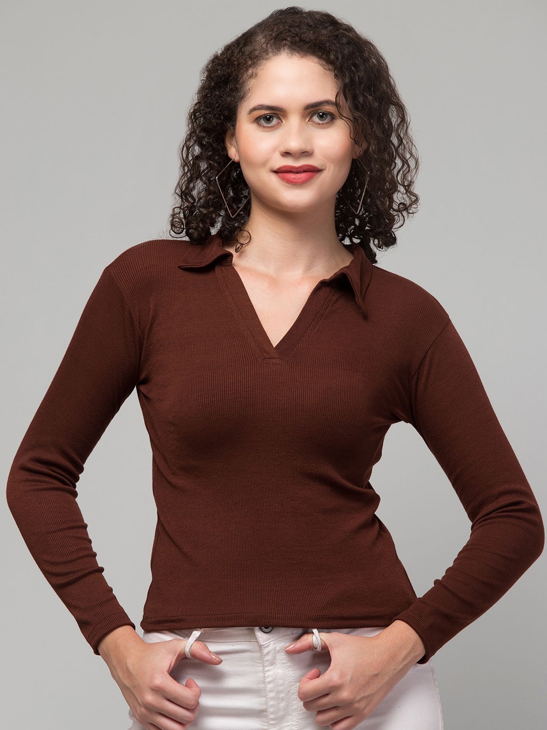 

STYLE PREZONE Women Applique Shirt Style Top, Brown