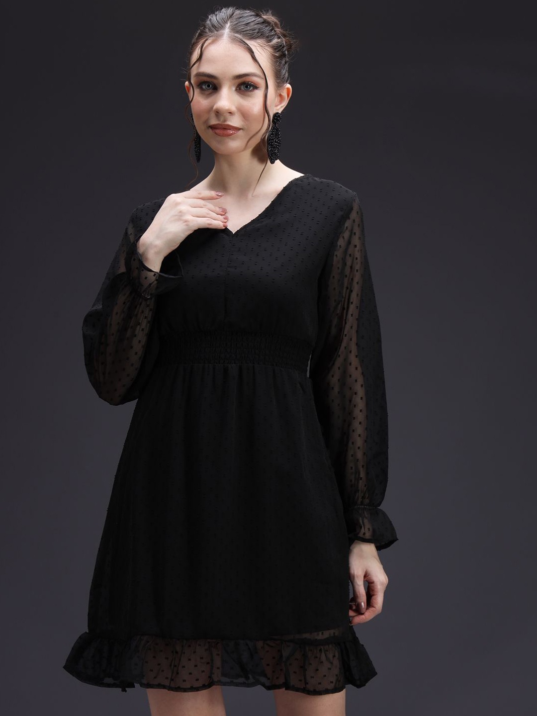 

emeros Women Self Design Puff Sleeve Fit and Flare Dress, Black