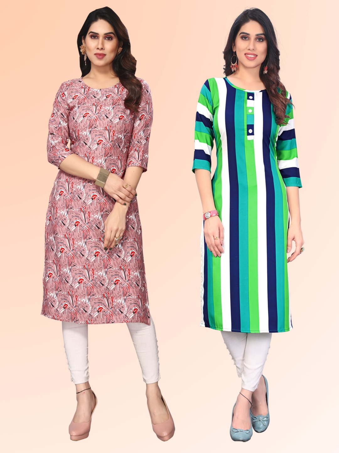 

KETAKI FASHION Selection Of 2 Striped Printed Round Neck Kurtas, Pink