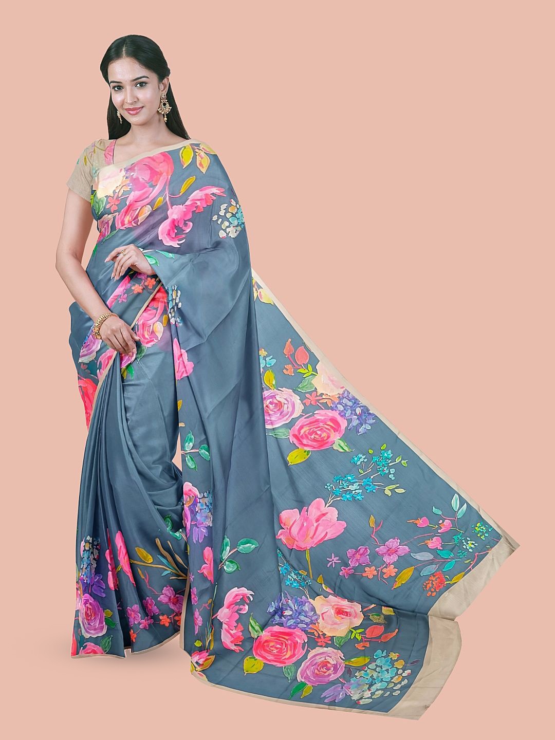 

Avyay Creation Floral Printed Saree With Printed Blouse Piece, Teal