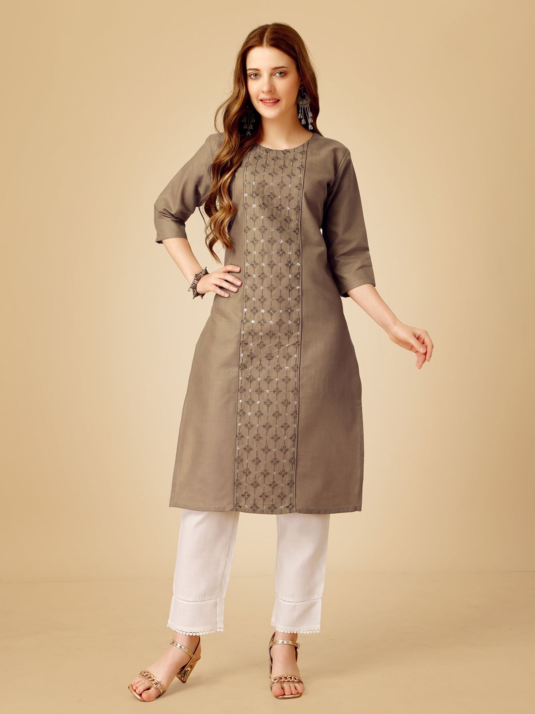 

BERISTON Checked Embroidered Sequinned Straight Kurta With Trouser, Khaki