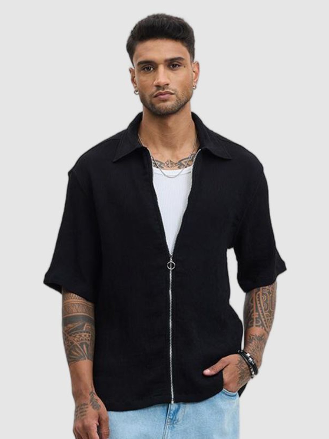 

Snitch Men Relaxed Fit Spread Collar Textured Casual Shirt, Black