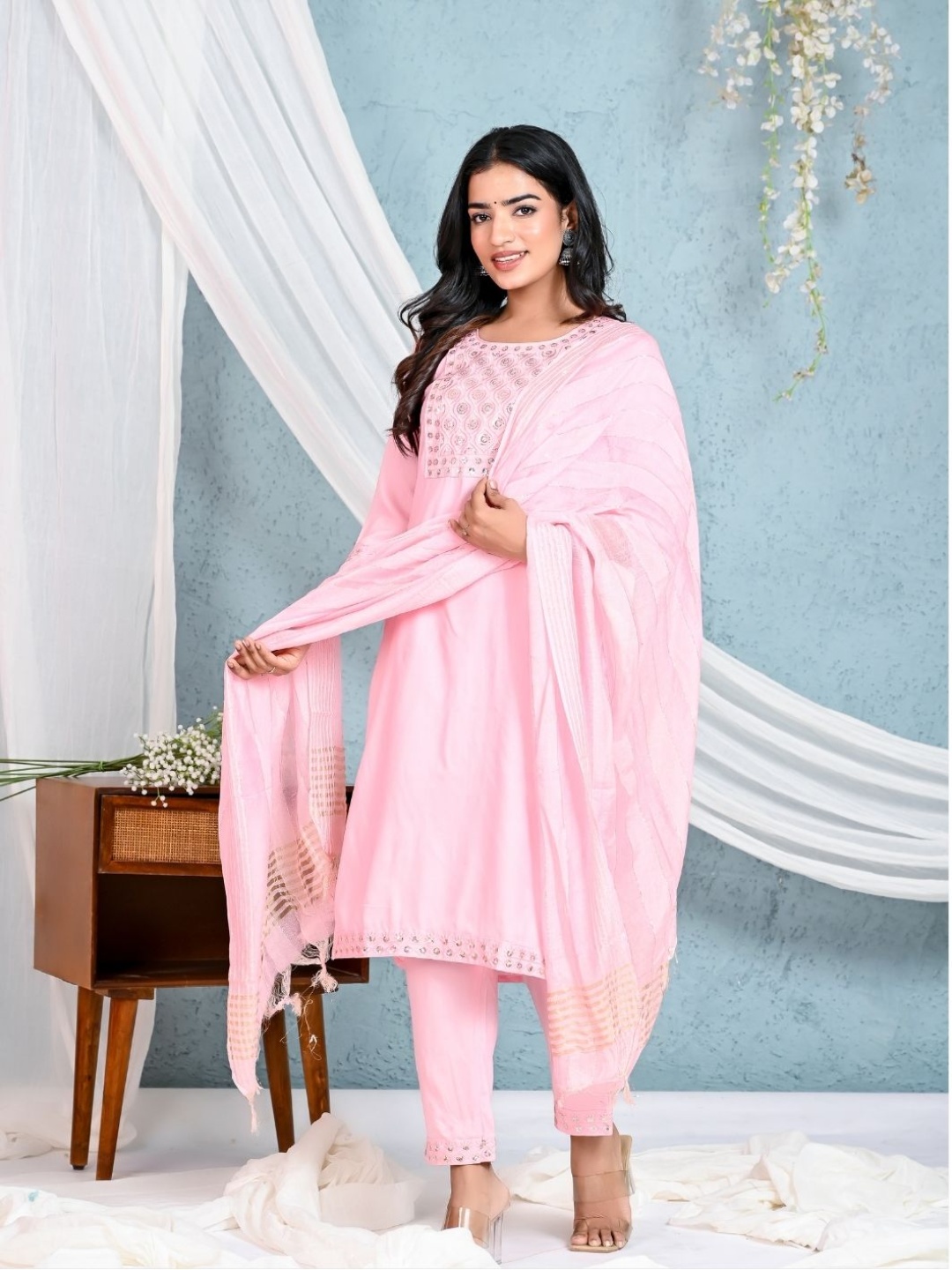 

GORDHAN Ethnic Motifs Embroidered Sequinned Straight Kurta With Trousers & Dupatta, Pink