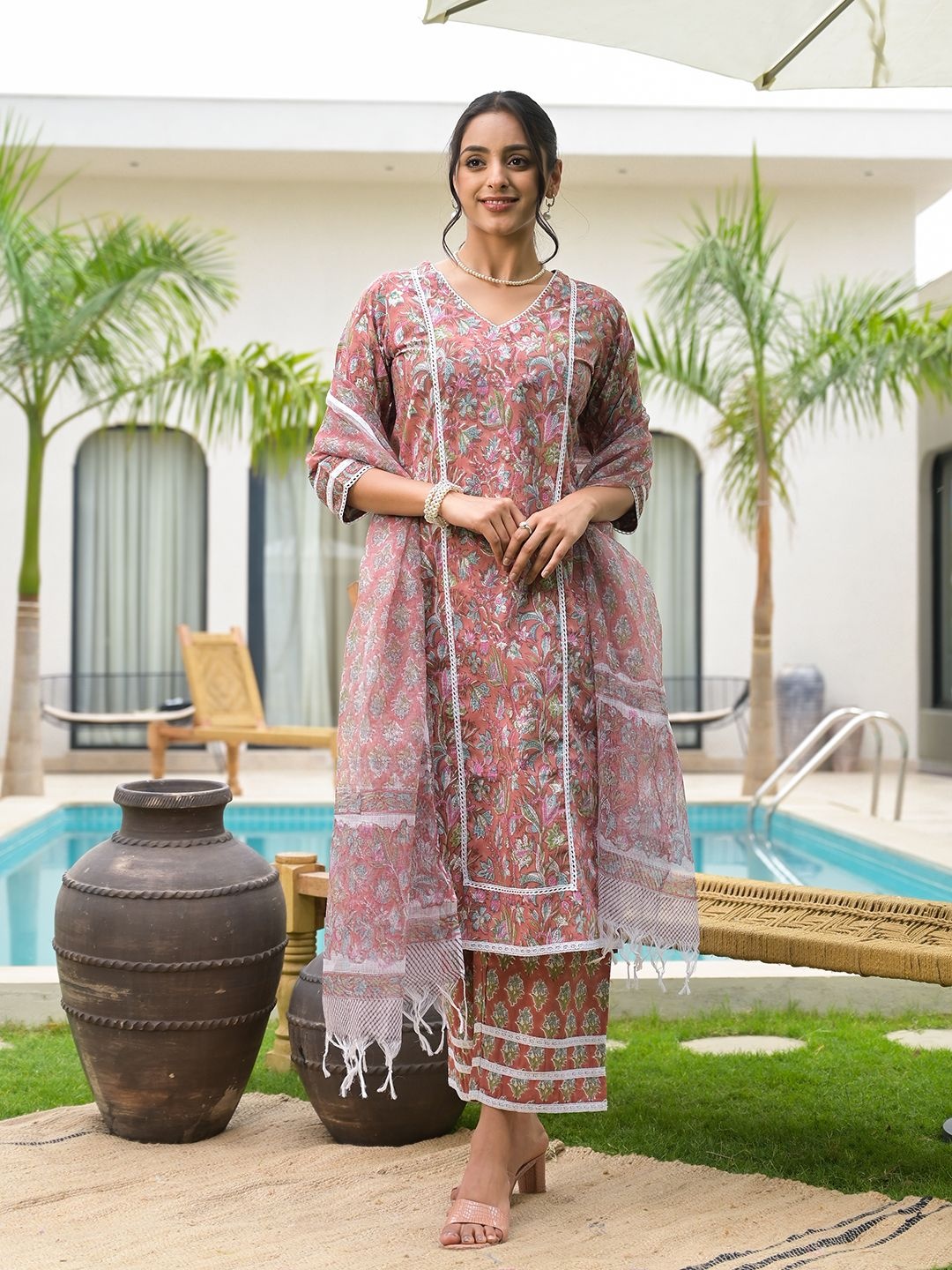 

KALINI Floral Printed V-Neck Pure Cotton Kurta with Trouser And Dupatta, Maroon