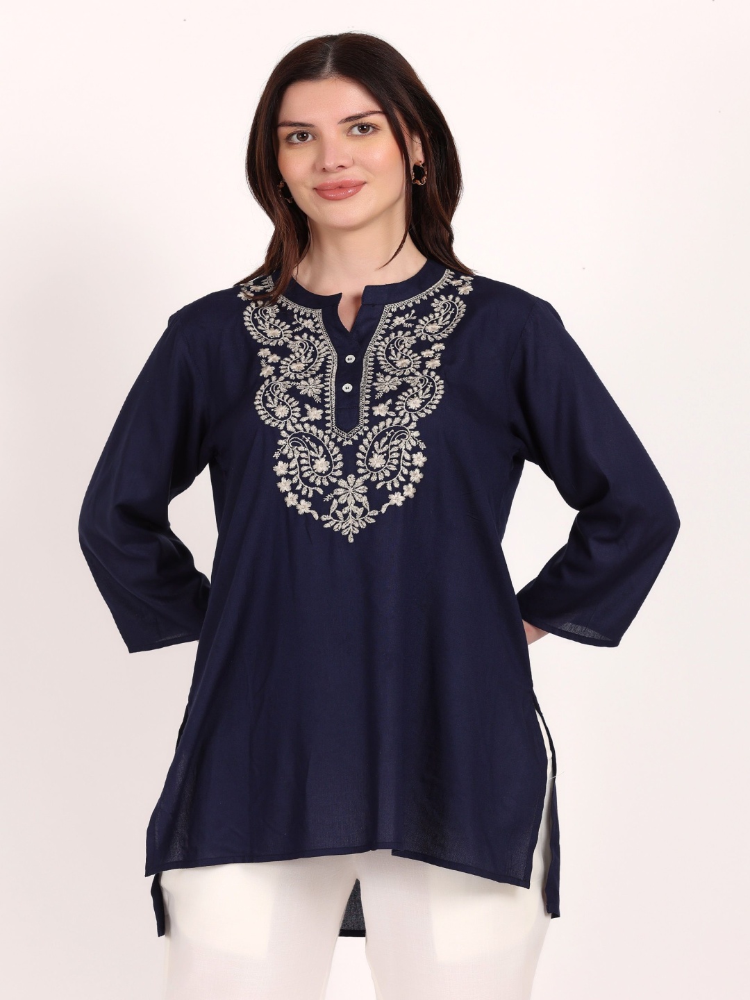 

Yadya Threads Ethnic Motifs Embroidered Mandarin Collar High-Low Kurti, Blue