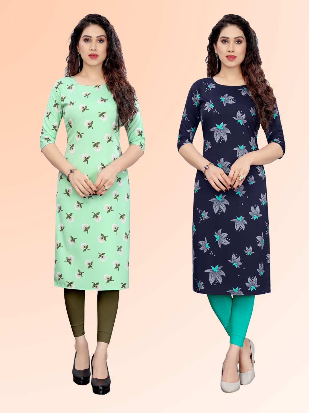 

KETAKI FASHION Selection Of 2 Floral Printed Round Neck Straight Kurtas, Green