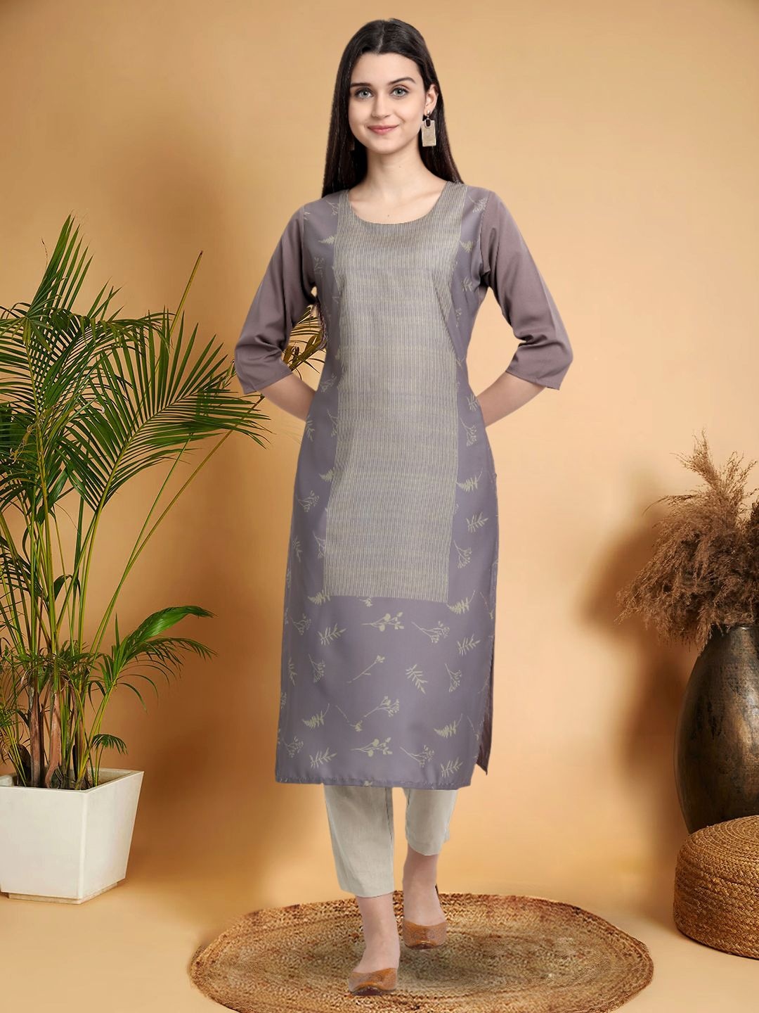 

7Threads Selection Of 5 Floral Printed Round Neck Straight Kurtas, Purple