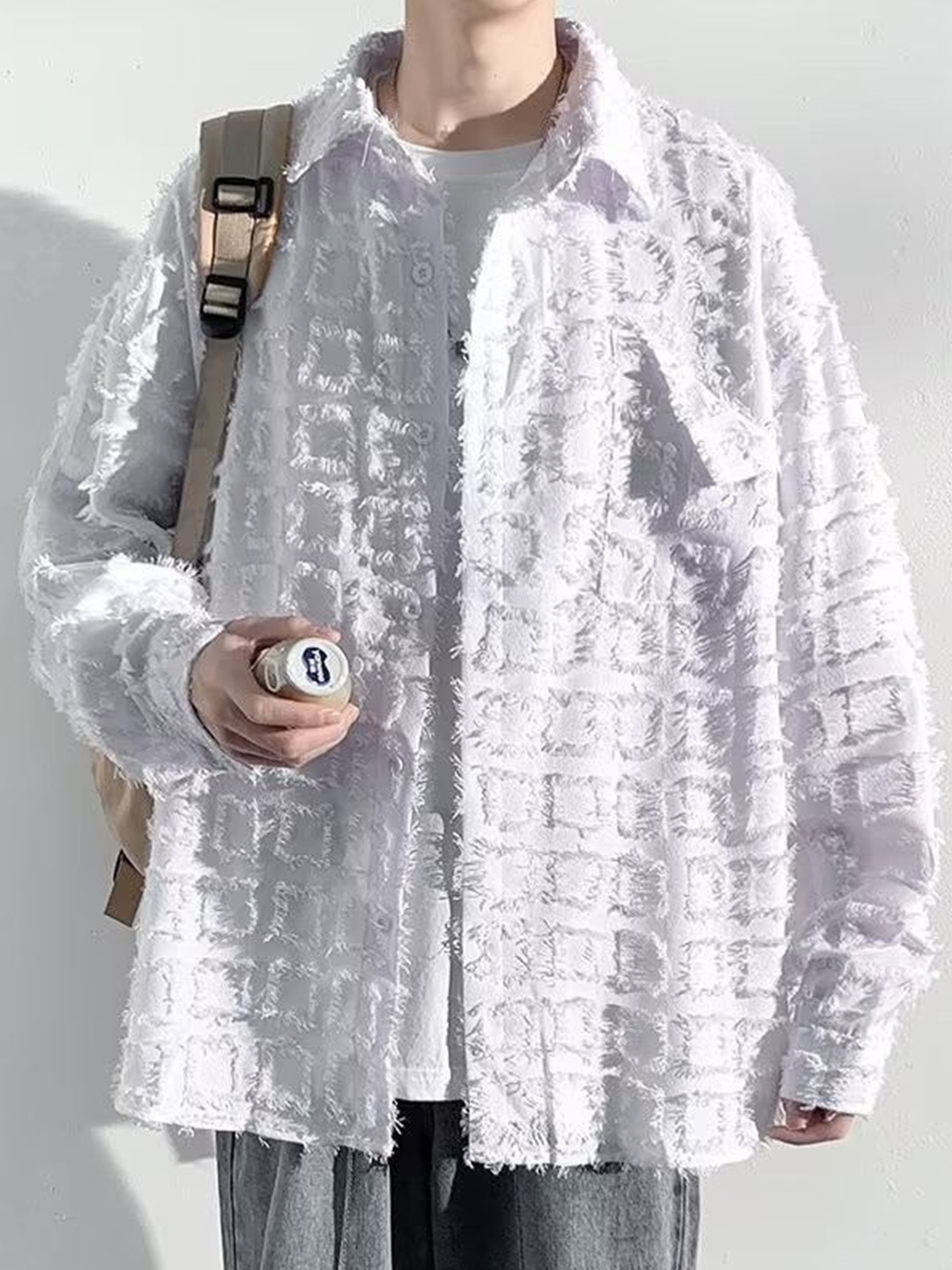 

StyleCast Men Oversized Fit Spread Collar Textured Casual Shirt, White