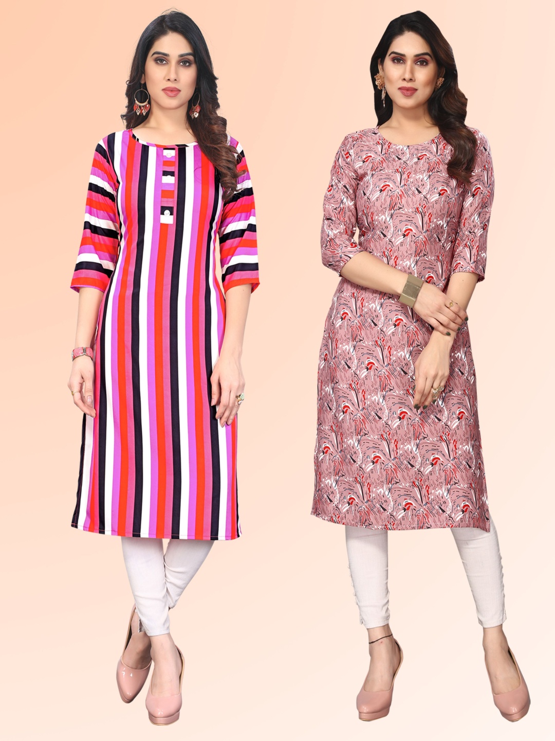 

KETAKI FASHION Selection Of 2 Striped Printed Round Neck Kurtas, Pink