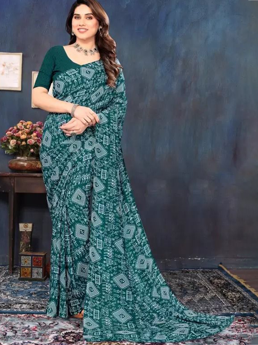 

SAADHVI Ethnic Motifs Printed Pure Georgette Saree, Green