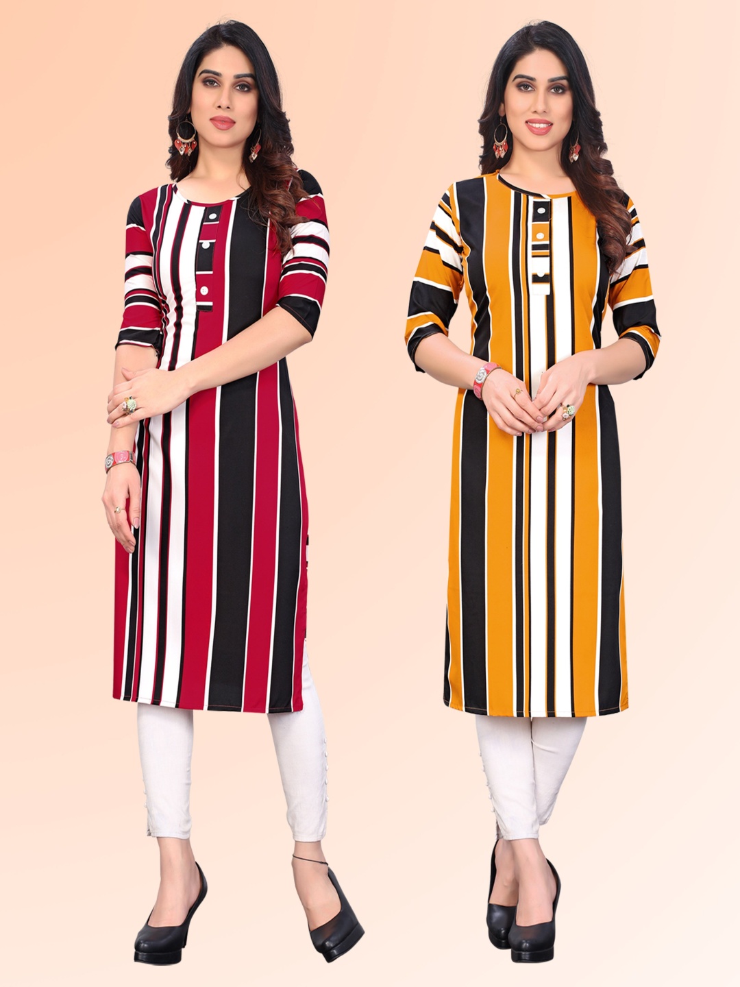 

KETAKI FASHION Selection of 2 Striped Round Neck Straight Kurtas, Red
