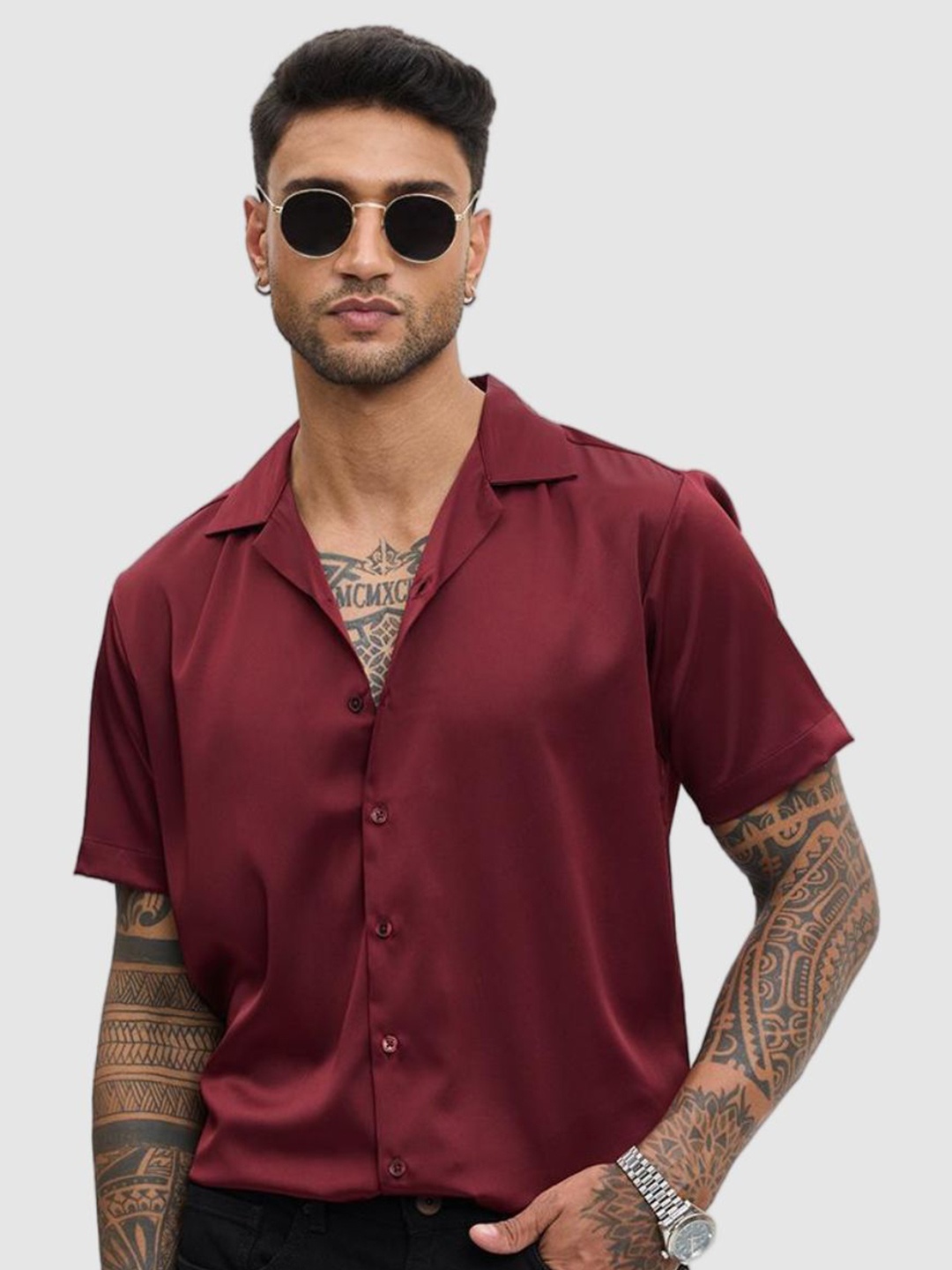 

Snitch Men Relaxed Fit Cuban Collar Solid Casual Shirt, Maroon