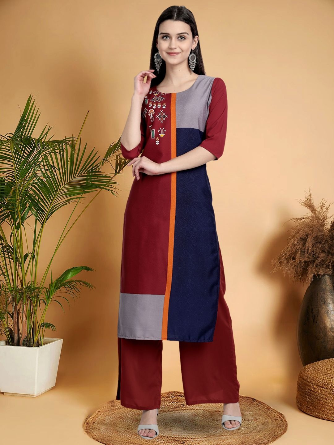 

7Threads Selection of 4 Colourblocked Printed Round Neck Straight Kurtas, Maroon