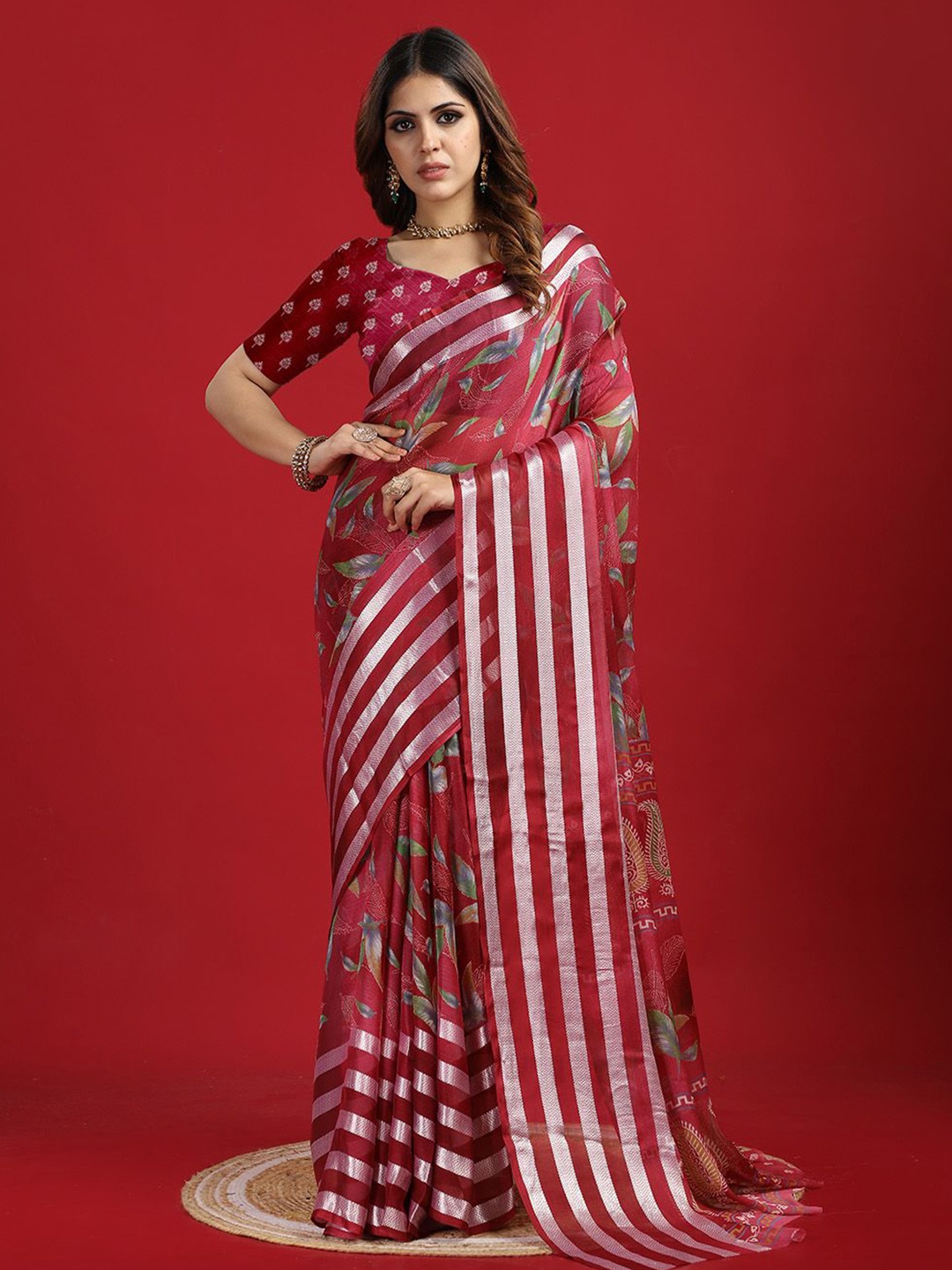 

NIRMAL CREATION Floral Printed Zari Poly Chiffon Saree, Pink