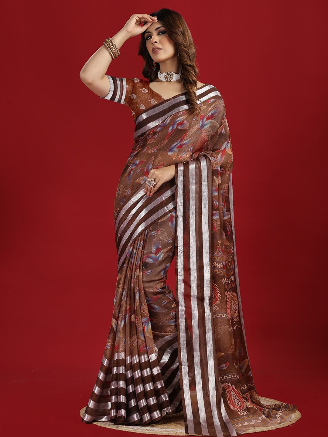 

NIRMAL CREATION Floral Zari Poly Chiffon Saree, Maroon