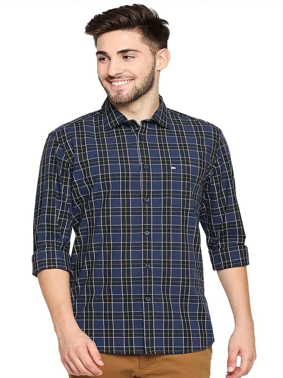 

Basics Men Slim Fit Spread Collar Tartan Checked Cotton Casual Shirt, Blue