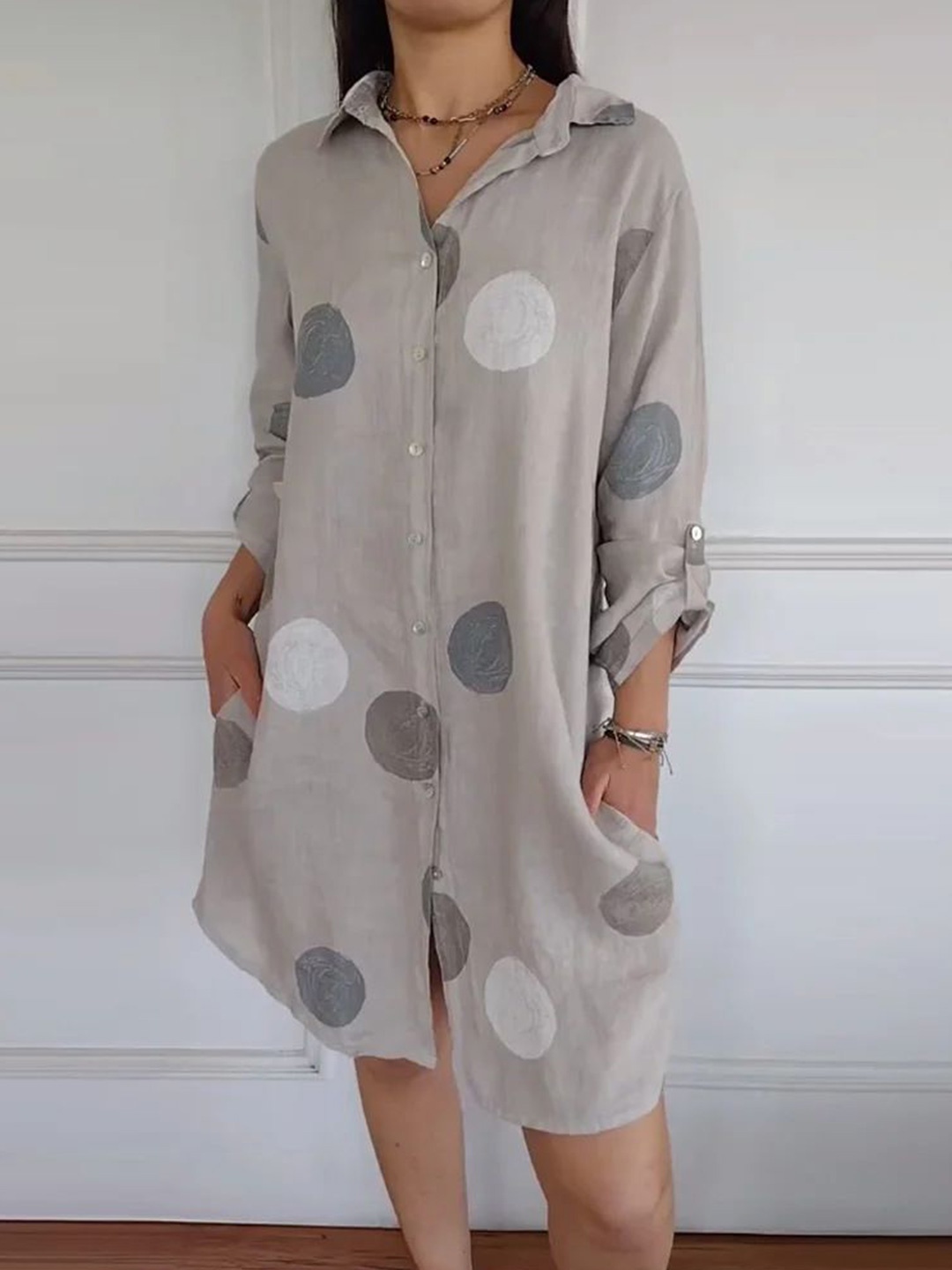 

StyleCast Women Printed Shirt Collar Shirt Dress, Grey