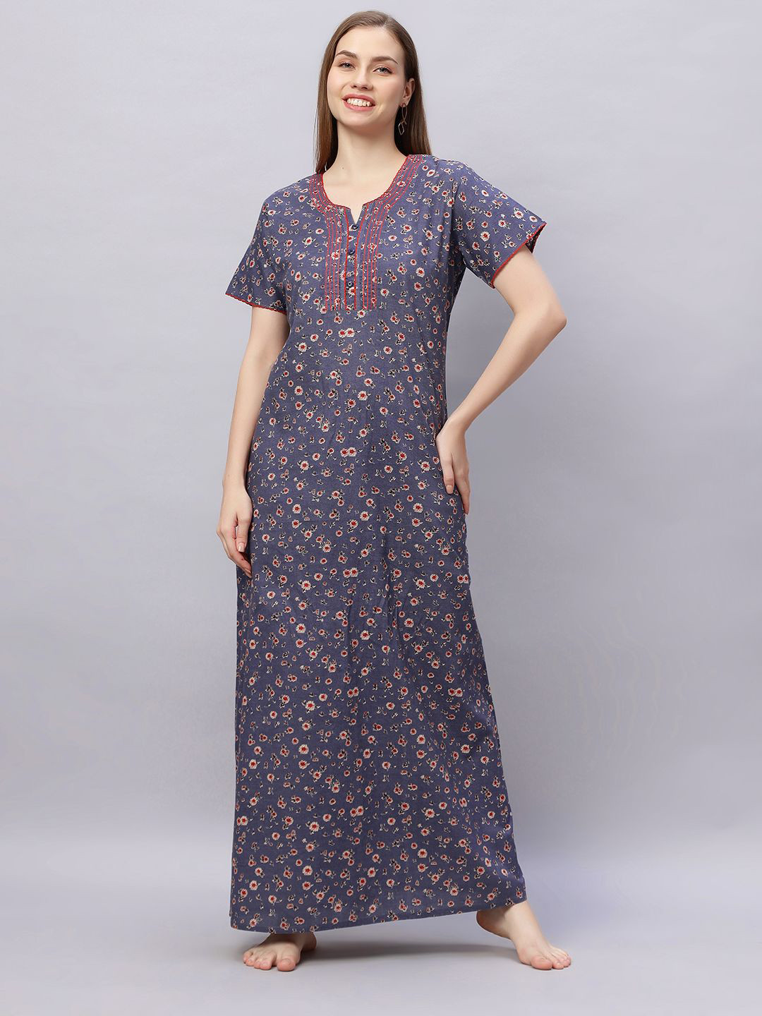 

QUIRA Women Printed Maxi Nightdress, Grey