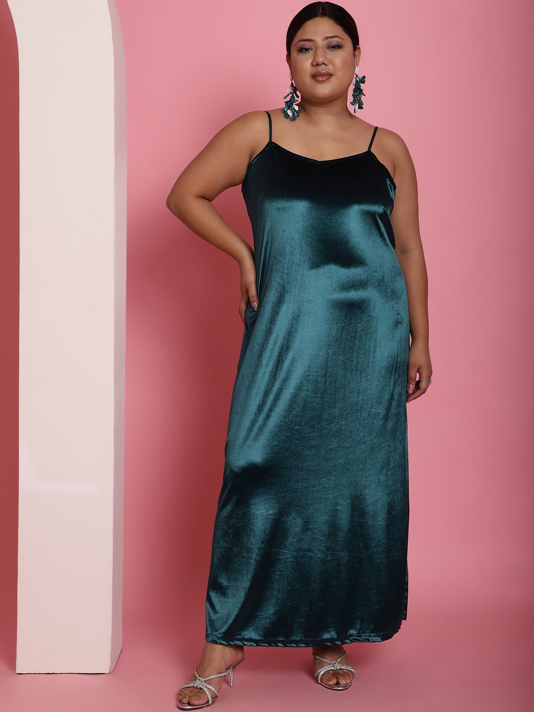 

theRebelinme Plus Size Shoulder Straps Velvet Maxi Dress, Teal