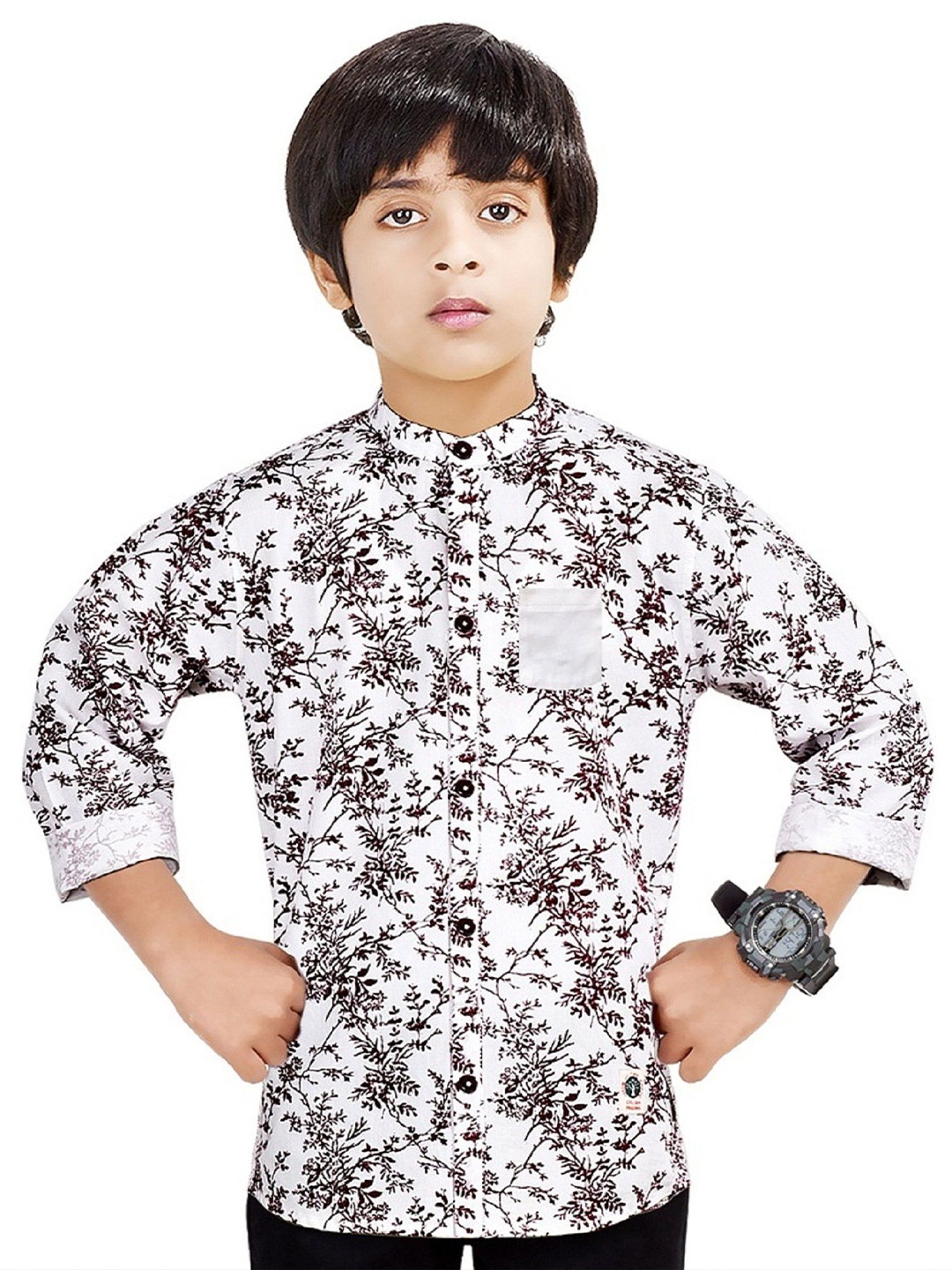 

MADE IN THE SHADE Boys Band Collar Floral Printed Cotton Casual Shirt, White