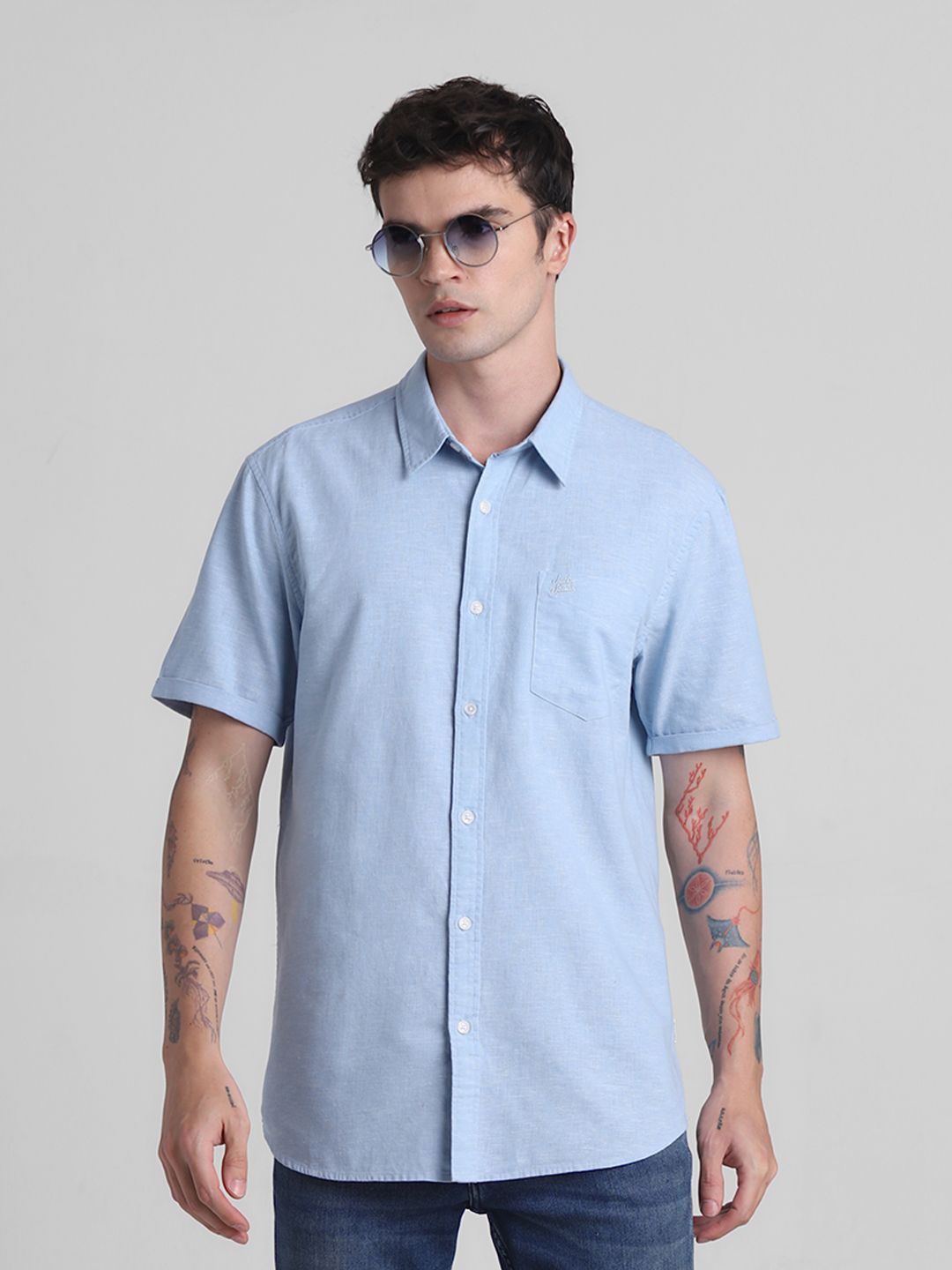 

Jack & Jones Men Spread Collar Solid Cotton Casual Shirt, Blue