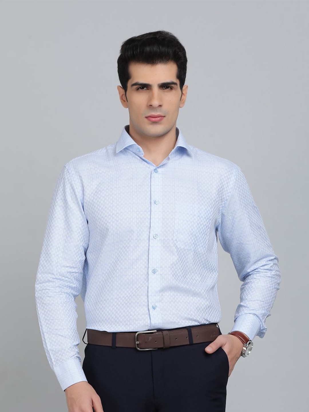 

Greenfibre Men Spread Collar Textured Cotton Formal Shirt, Blue