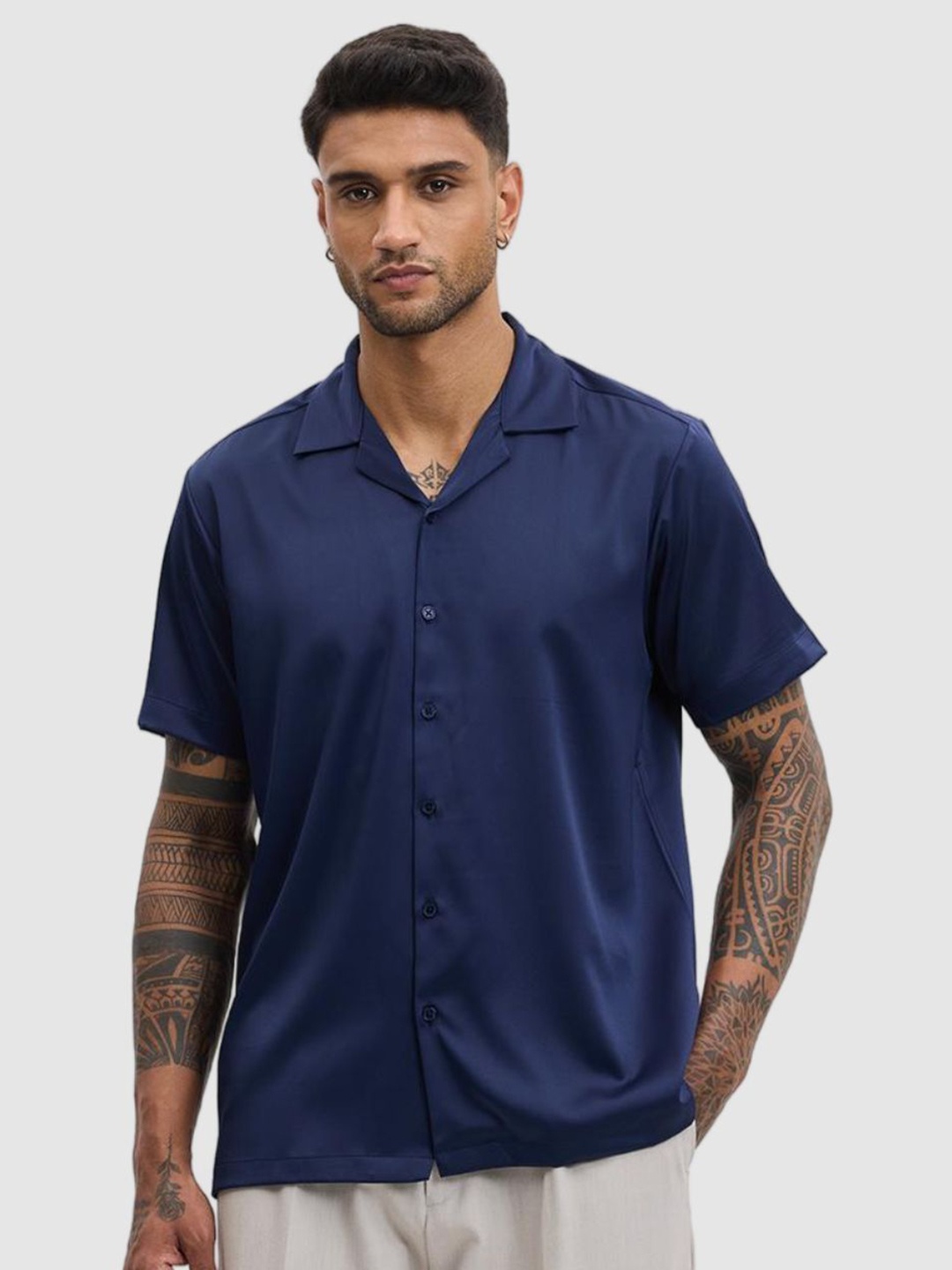 

Snitch Men Relaxed Fit Cuban Collar Solid Casual Shirt, Navy blue
