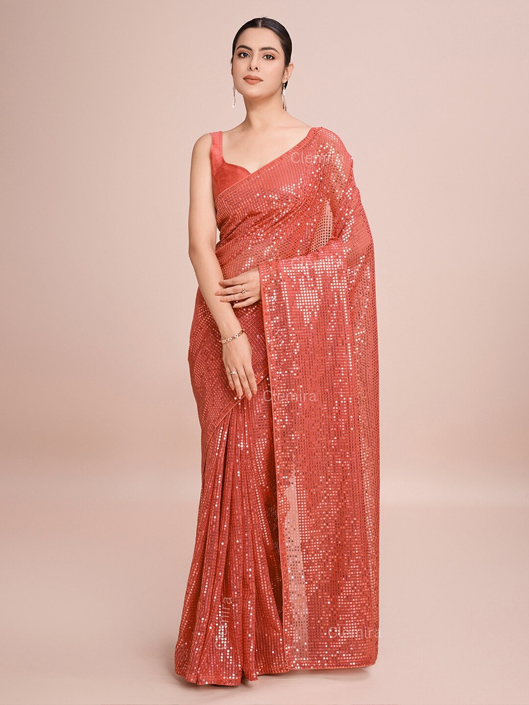 

FashionsEye Embellished Sequinned Pure Georgette Saree, Peach
