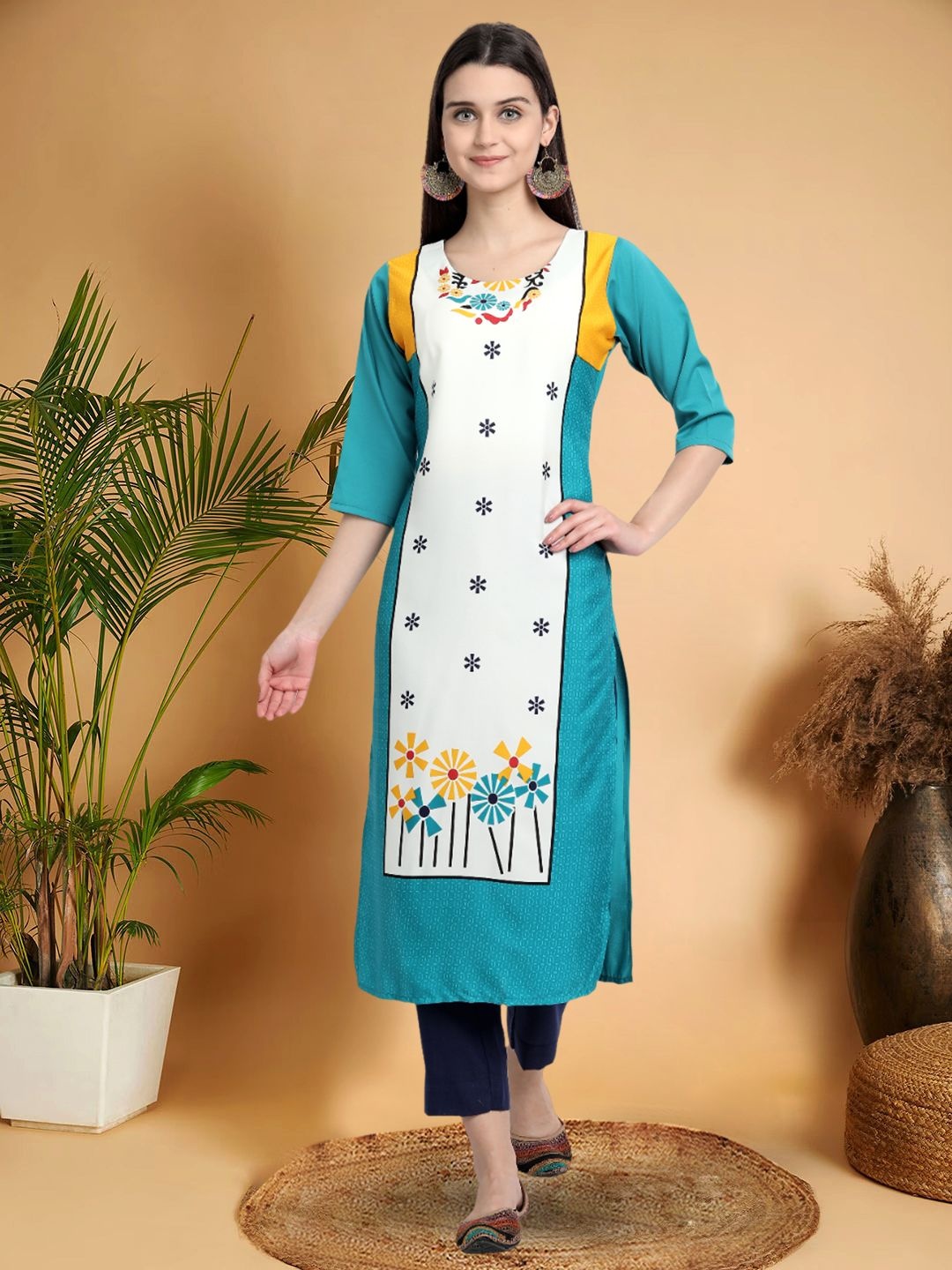 

7Threads Selection Of 4 Ethnic Motifs Printed Round Neck Straight Kurtas, Turquoise blue