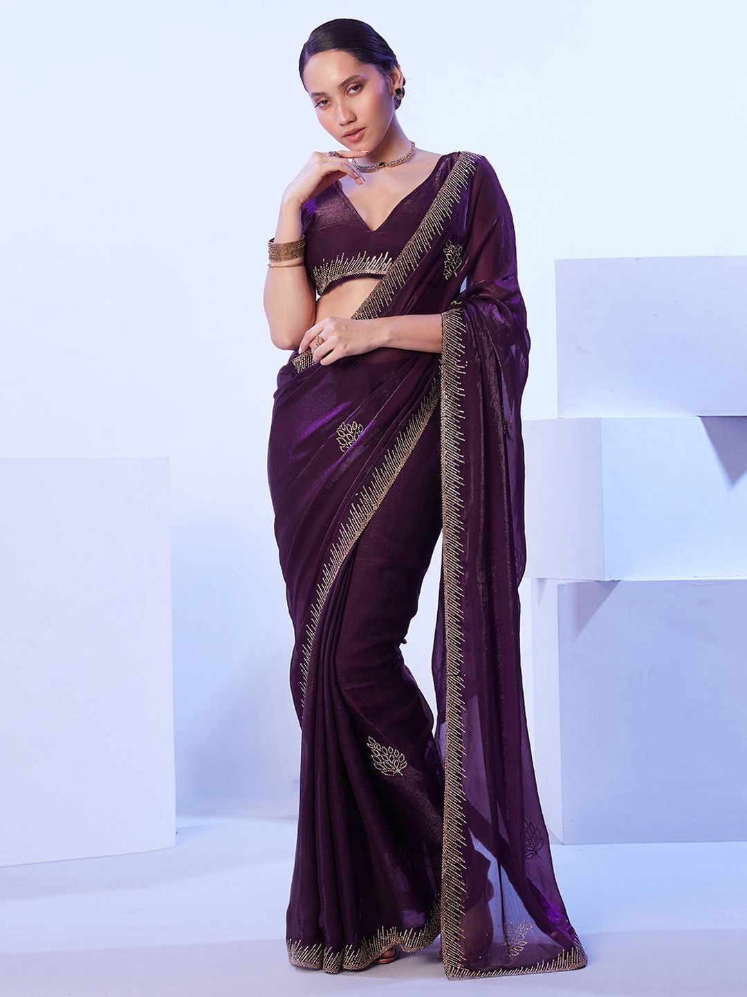 

Kalista Embellished Beads and Stones Organza Saree, Purple