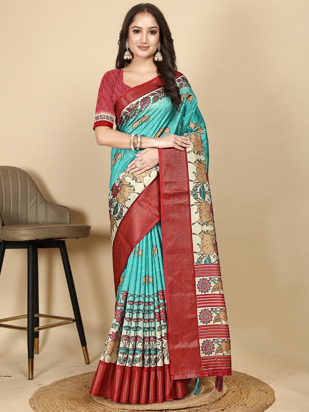 

J 6 DESIGNER Floral Zari Art Silk Block Print Saree, Sea green