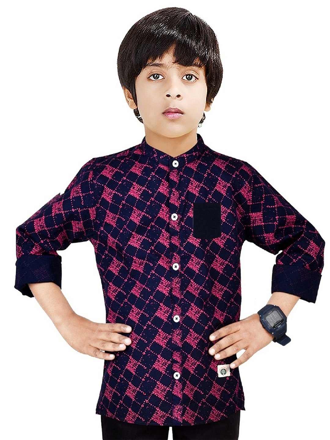 

MADE IN THE SHADE Boys Band Collar Geometric Printed Cotton Casual Shirt, Navy blue