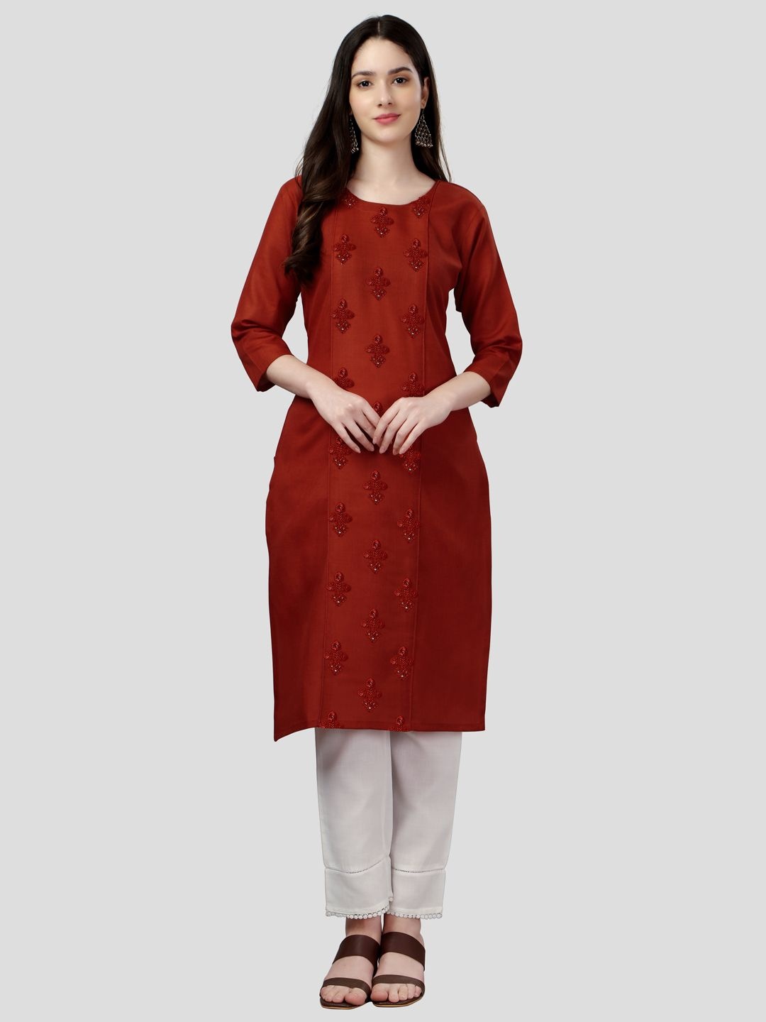 

BERISTON Floral Embroidered Cotton Round Neck Straight Kurta, Red