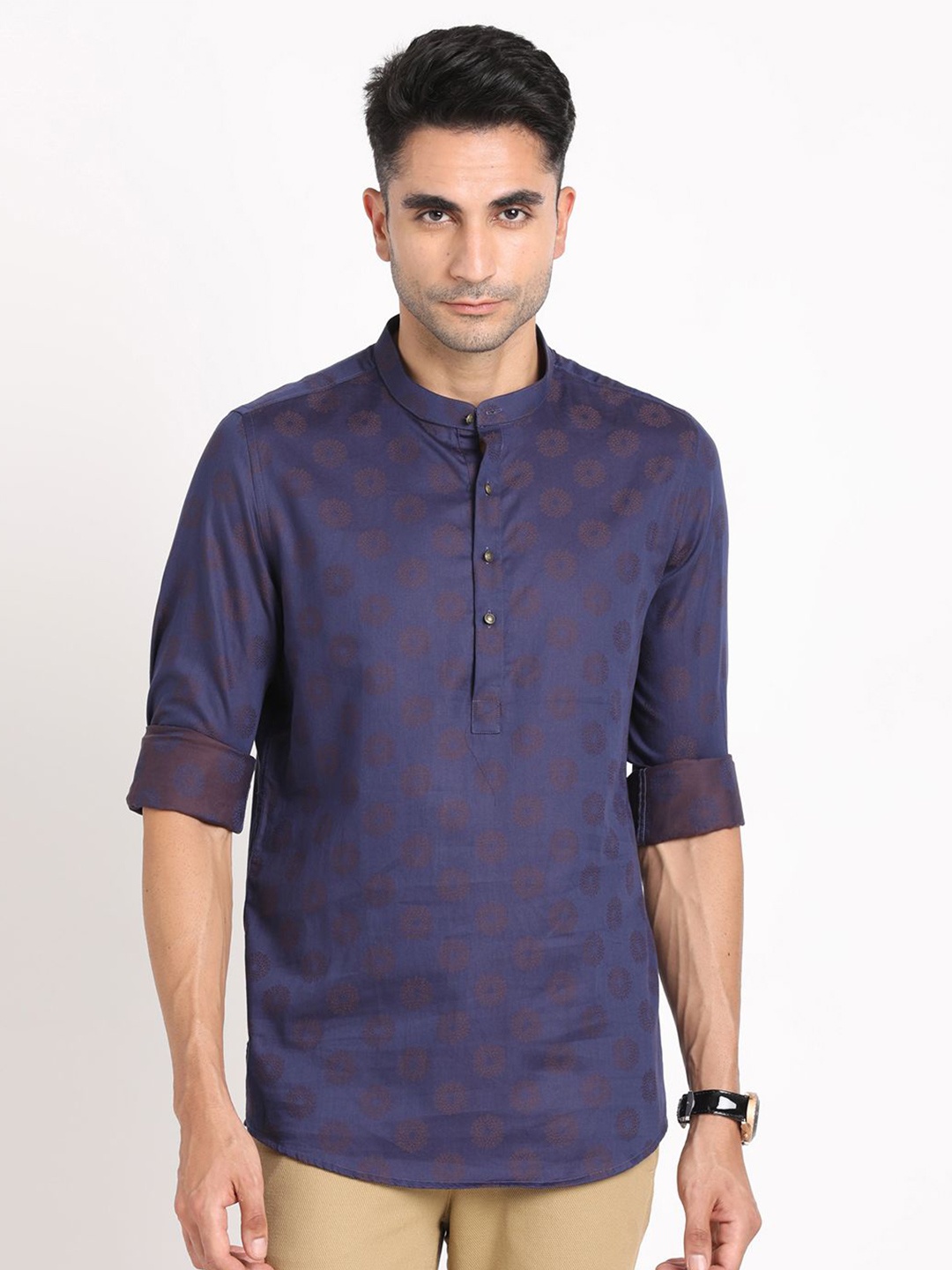 

Turtle Men Classic Fit Band Collar Abstract Printed Cotton Casual Shirt, Navy blue