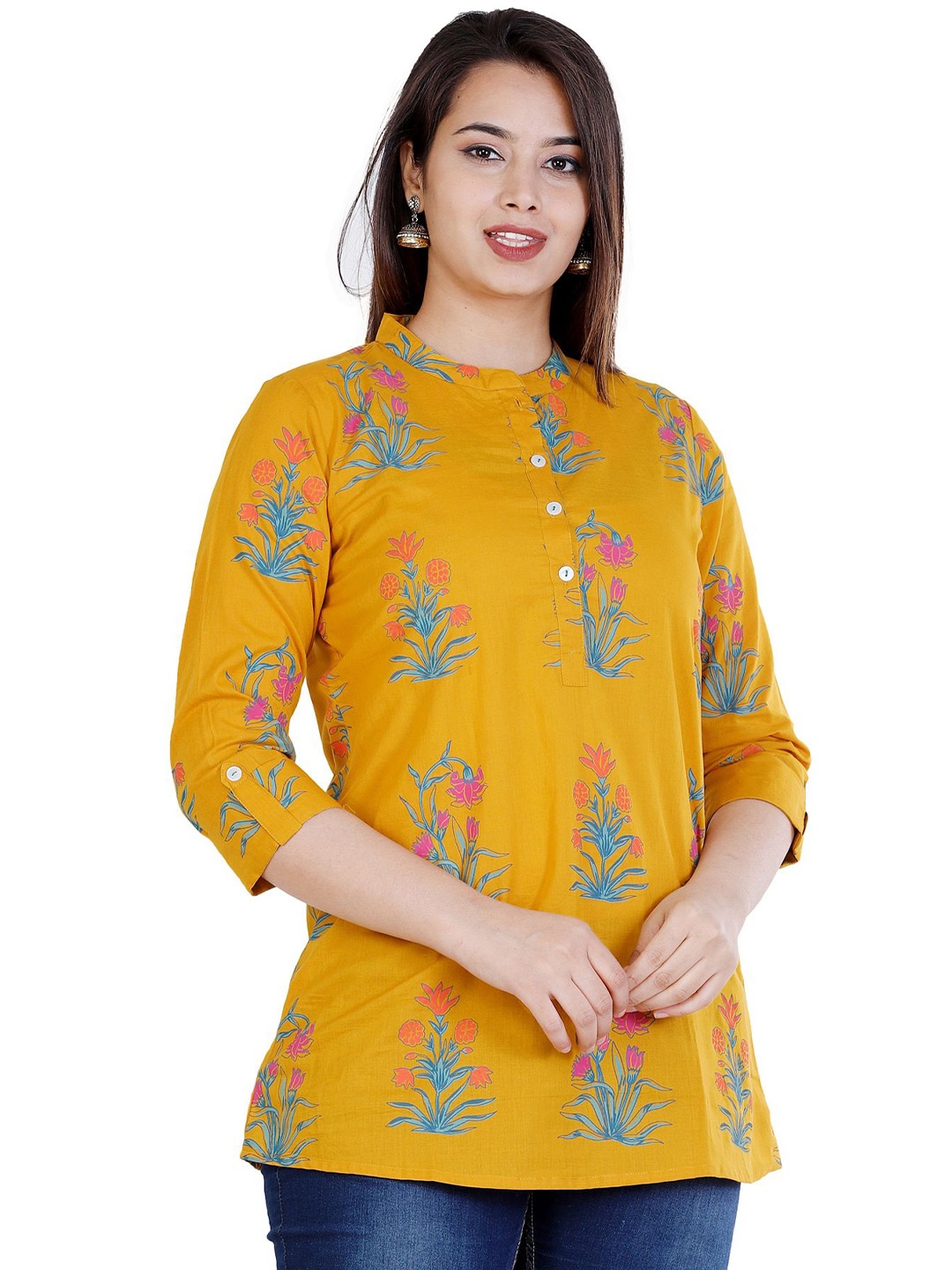 

NNAVDHA Floral Printed Mandarin Collar Cotton Top, Yellow